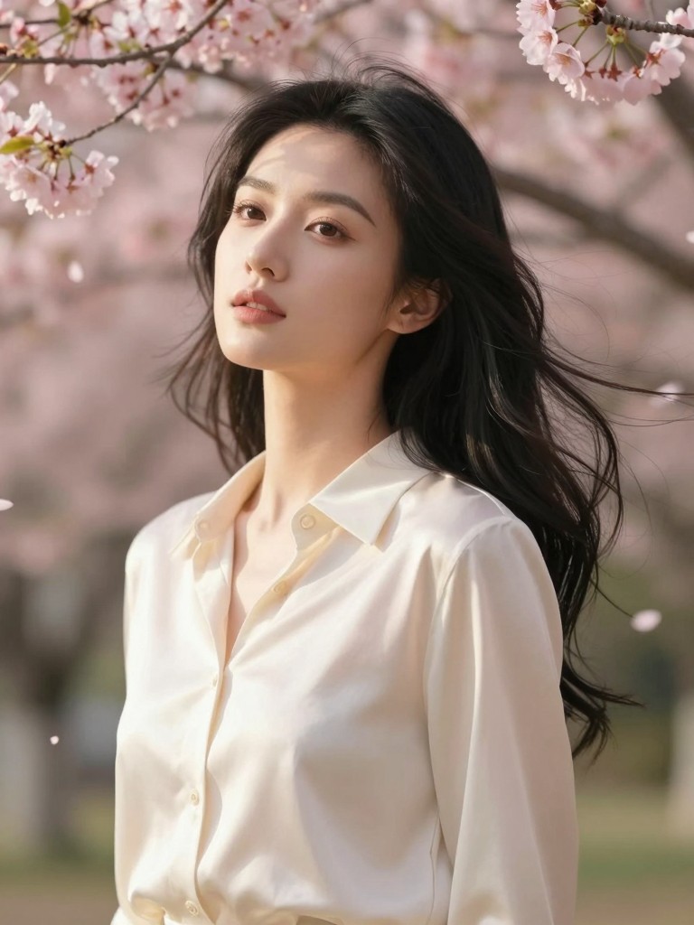 AI-generated photorealistic portrait of a young Asian woman in a cherry blossom garden