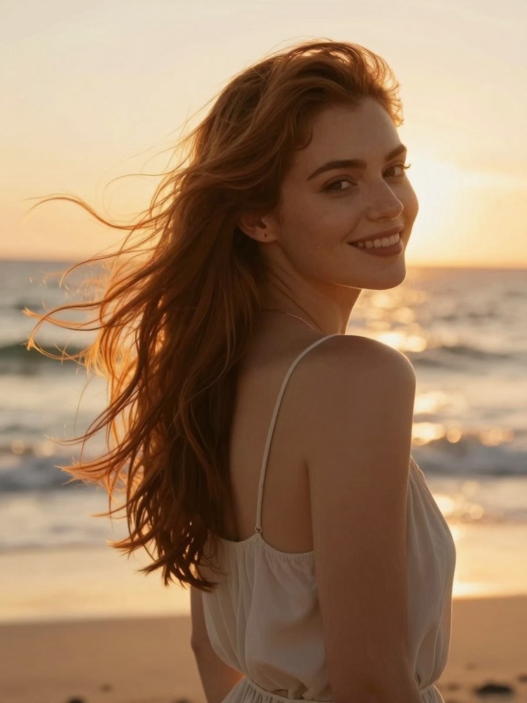 AI-generated cinematic portrait of a woman in golden hour sunlight