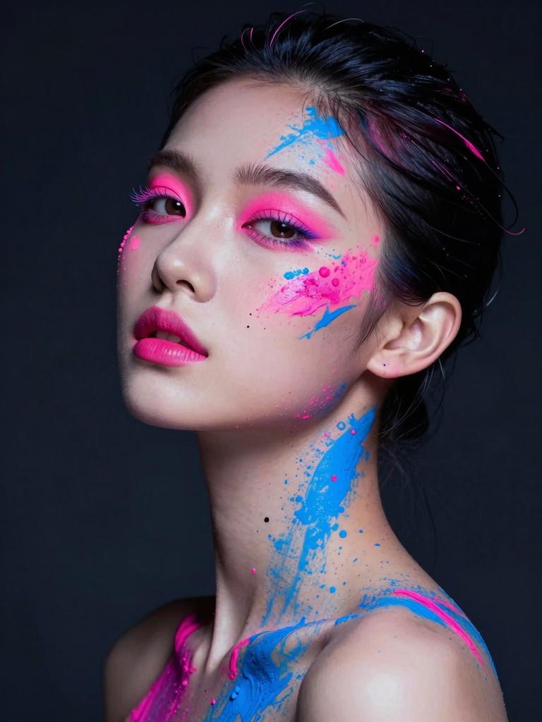 AI-generated artistic portrait with vibrant neon paint splashes