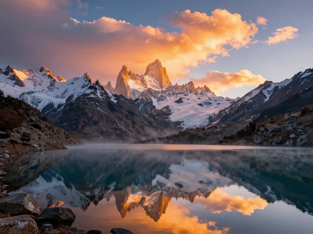 AI-generated majestic mountain landscape with reflective lake at sunrise