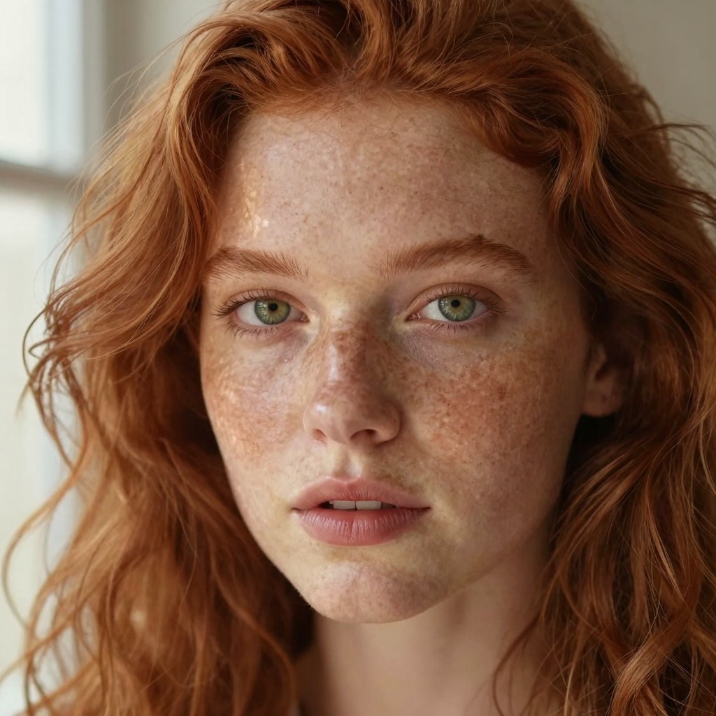 AI-generated close-up portrait of a woman with freckles and green eyes