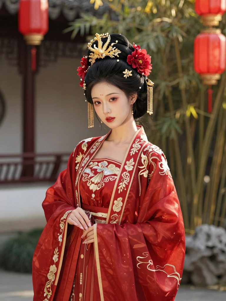 AI-generated portrait of a Chinese woman in traditional red Hanfu