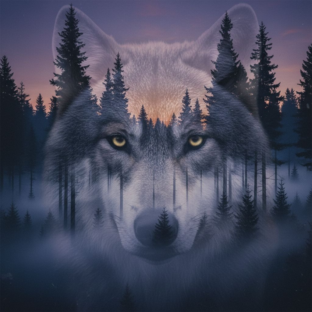 나노 바나나가 생성한 겨울 숲속의 위엄 있는 늑대 초상